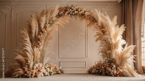 Boho wedding arch with pampas and flowers inside a beige room, wedding digital backdrop, floral arch, 
