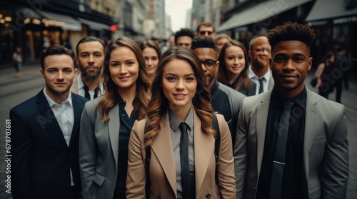 Confident businesswoman standing with large group of various races of business people on the street.