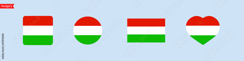 National flag of Hungary. Isolated flag symbols for language selection. Hungary flag icons in the shape of a square, circle, heart. Vector icons National flag of Hungary. Isolated flag symbols for language selection. Hungary flag icons in the shape of a square, circle, heart. Vector icons
