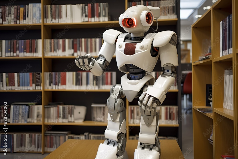 Fototapeta premium Self educating artificial intelligence. Machine learning concept. Robot studying, writing code and reading books in library. AI and Neural network development. 