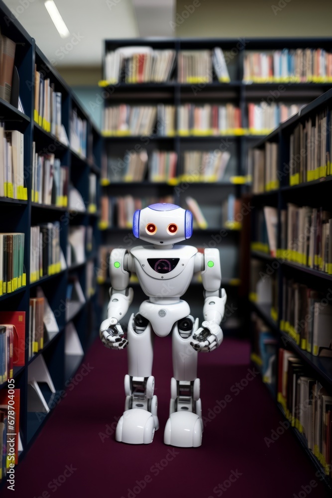 Self educating artificial intelligence. Machine learning concept. Robot studying, writing code and reading books in library. AI and Neural network development. Self educating artificial intelligence. Machine learning concept. Robot studying, writing code and reading books in library. AI and Neural network development.