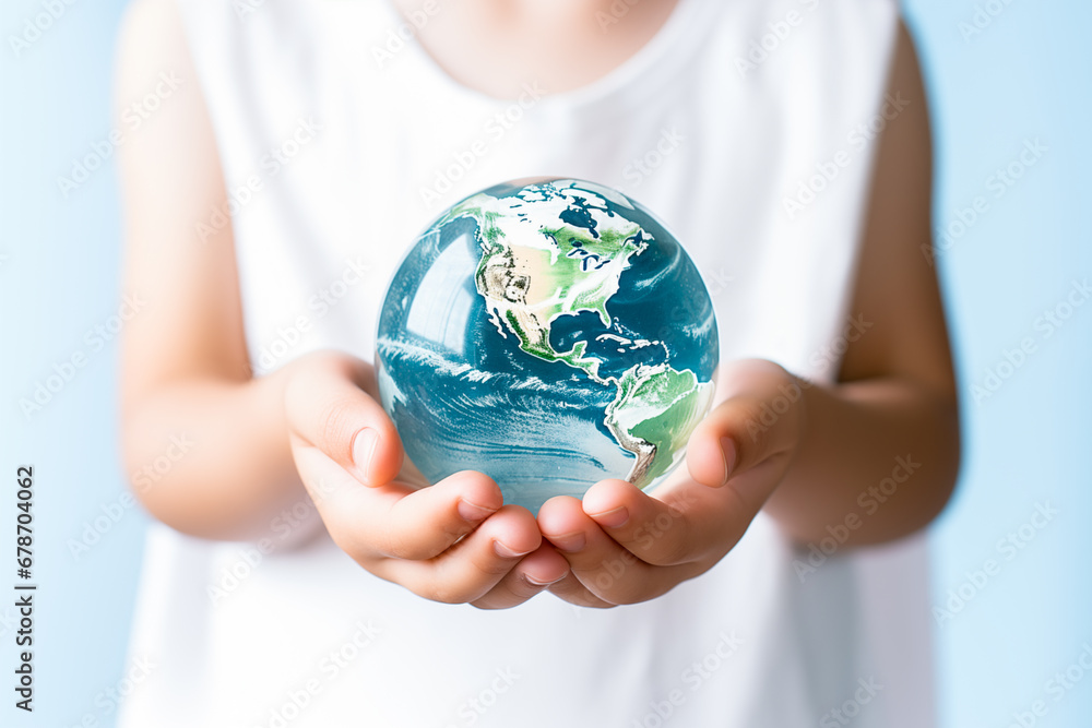 Child hands holding planet earth. Young child hugging earth, save planet, earth day, sustainable living, ecology environment, climate emergency action, world environment day concept Child hands holding planet earth. Young child hugging earth, save planet, earth day, sustainable living, ecology environment, climate emergency action, world environment day concept