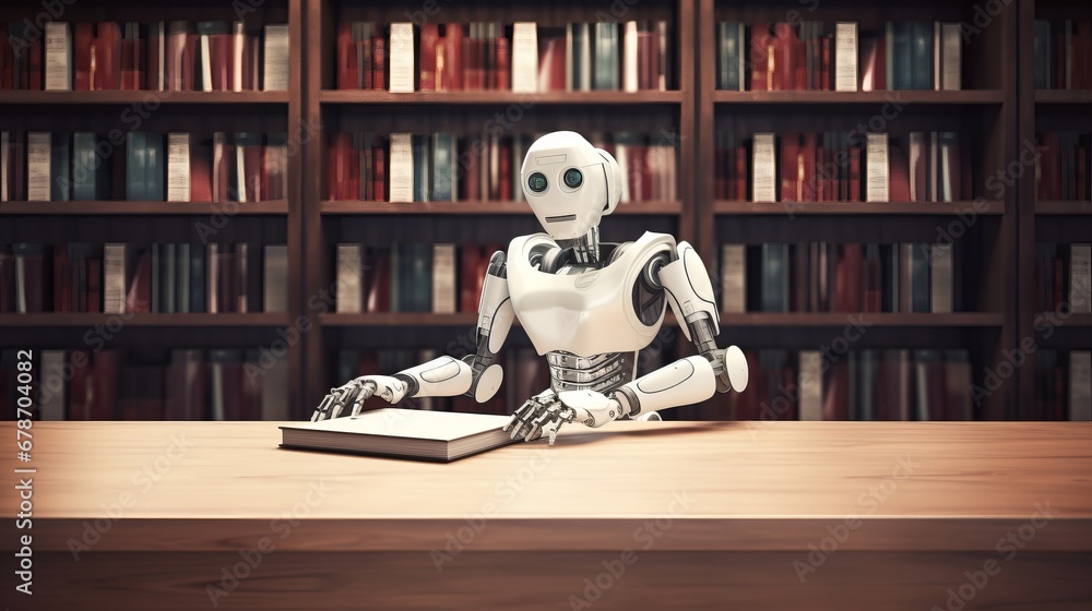 Self educating artificial intelligence. Machine learning concept. Robot studying, writing code and reading books in library. AI and Neural network development. Self educating artificial intelligence. Machine learning concept. Robot studying, writing code and reading books in library. AI and Neural network development.