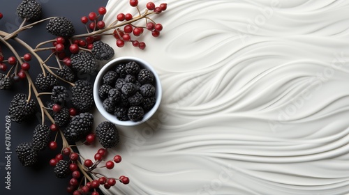 Dark and white background with round white plates and raised pattern. Decorated with blackberries, red berries and twigs with white leaves. Concept: cosmetics and care products banner with copy space photo