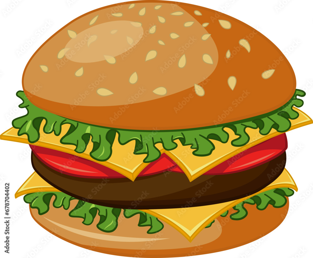 Delicious Juicy Burger. Vector Illustration of Hamburger with Meat, Cheese, Tomatoes and Greens. Fast food Delicious Juicy Burger. Vector Illustration of Hamburger with Meat, Cheese, Tomatoes and Greens. Fast food
