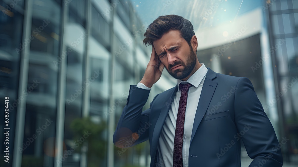 A stressed businessman in a suit is experiencing acute anxiety and frustration, with his hands on his head, looking overwhelmed by work pressure in a corporate office environment. A stressed businessman in a suit is experiencing acute anxiety and frustration, with his hands on his head, looking overwhelmed by work pressure in a corporate office environment.