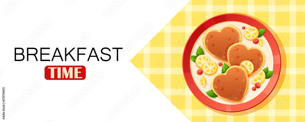 Fototapeta premium Banner for advertising breakfast pancakes. Tablecloth, delicious pancakes top view with berries and fruits