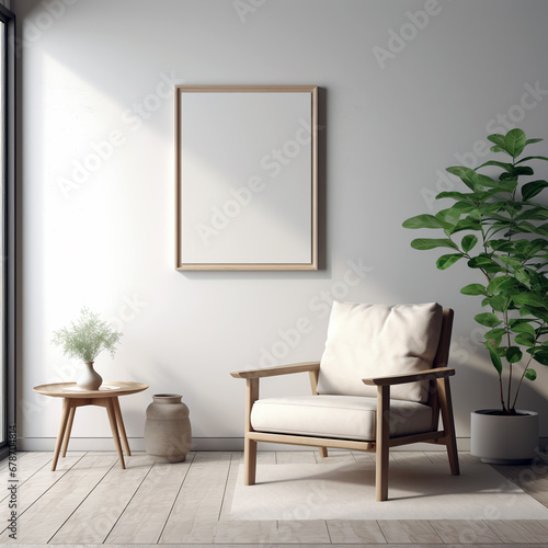 Empty picture frame mockup, vertical orientation, placed on a white wall in the window living room with natural light, vintage, armchair, and plants in a pot. Simple, modern, minimal interior style.