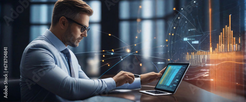 Showcase the accuracy and speed of AI technology in data analysis by creating an image of a businessman using a tablet to analyze complex data sets in real-time, with a digital interface overlaid