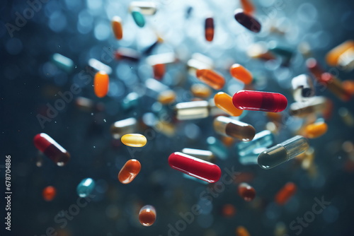 many medical capsules in the air