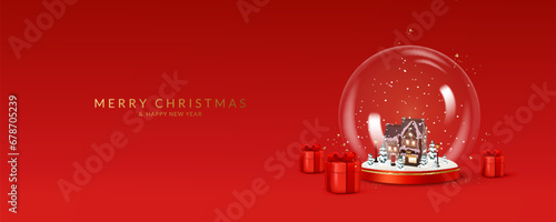 Christmas and New Year greeting card with transparent snow globe.