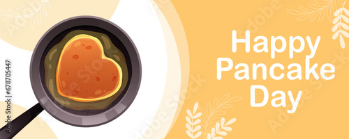 Pan with heart pancake and butter on yellow background and text Happy Pancake Day. Greeting, advertising banner, postcard