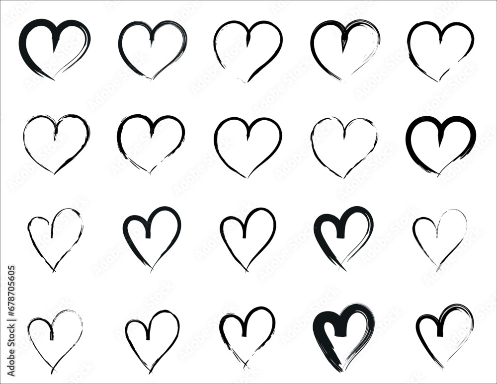 Set, collection of various brush, chalk, marker drawn line heart shapes, silhouettes, outlines. Valentines day many templates. Uneven, rough, textured edge. Hand drawn, handwritten design elements. Set, collection of various brush, chalk, marker drawn line heart shapes, silhouettes, outlines. Valentines day many templates. Uneven, rough, textured edge. Hand drawn, handwritten design elements.