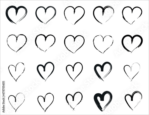 Set, collection of various brush, chalk, marker drawn line heart shapes, silhouettes, outlines. Valentines day many templates. Uneven, rough, textured edge. Hand drawn, handwritten design elements.