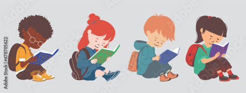 Cute boy and girl sitting on the floor and enjoying reading book. Child reading book, Isolated vector illustration