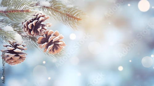 Closeup of oine branch with pine cones and snow, defocused blurred background with blue sky and bokeh lights and snowflakes