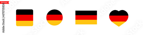 National flag of Germany icons. Germany flag in the shape of a square  circle  heart. Website language choice symbols. Vector UI flag design