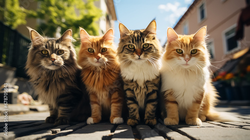Group of funny cats looking at camera. On the street. 