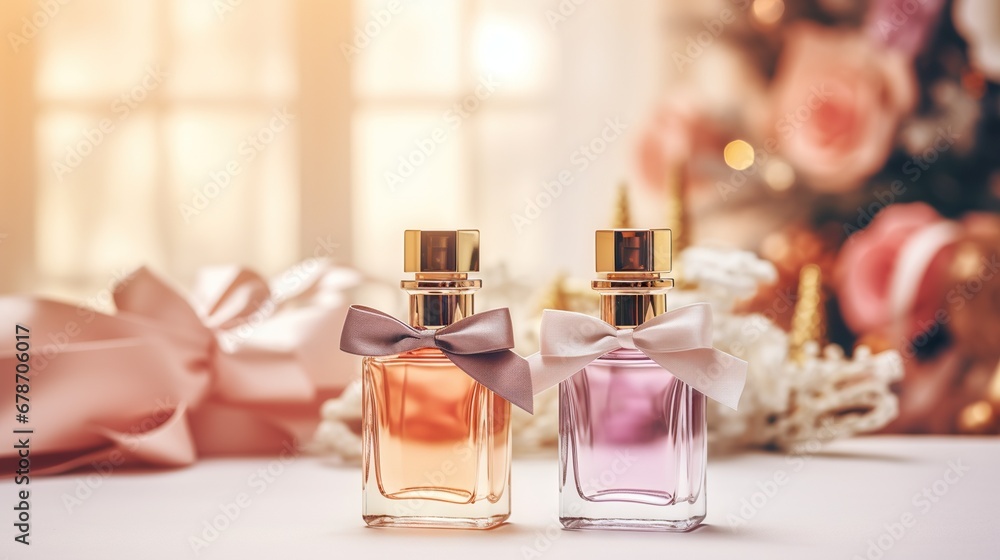 Stylish tender perfume composition with perfume bottles for Christmas, birthday celebration Stylish tender perfume composition with perfume bottles for Christmas, birthday celebration