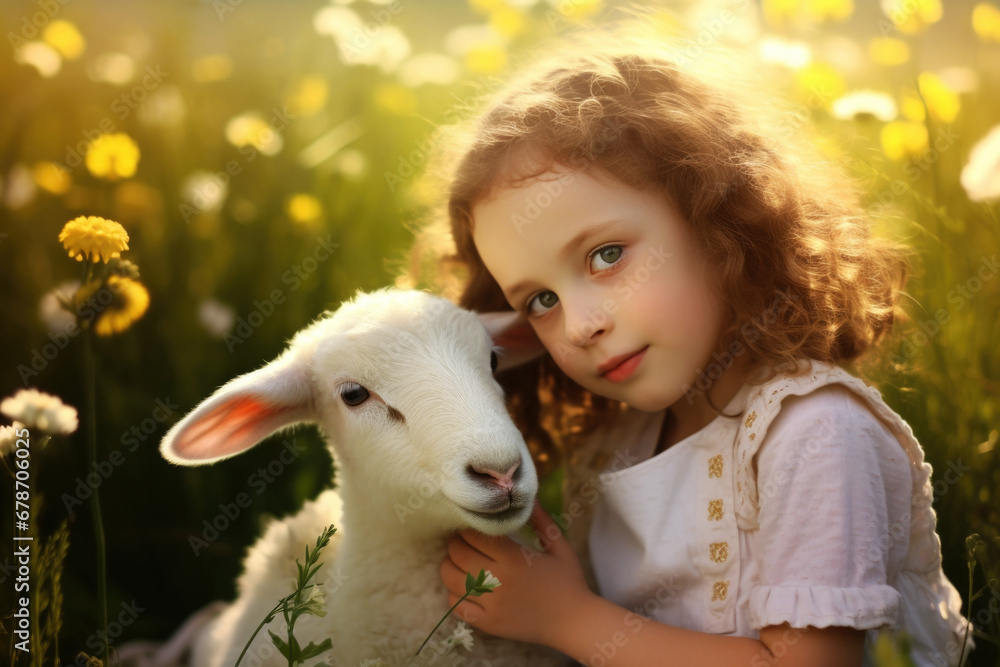 Beautiful little girl with a small lamb in the meadow. Easter, spring concept Beautiful little girl with a small lamb in the meadow. Easter, spring concept