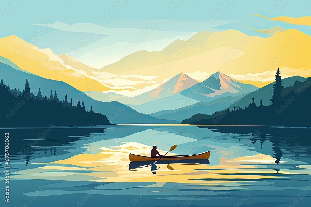 canoeing adventure boat on peaceful lake nature landscape illustration - obrazy, fototapety, plakaty 