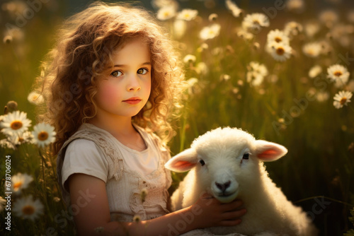 Beautiful little girl with a small lamb in the meadow. Easter, spring concept