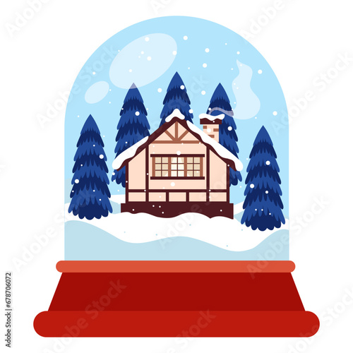 Cartoon Christmas snow globe with wooden house inside. Glass sphere with snow and house vector illustration