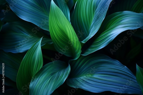 Wallpaper Mural Close-up detail macro texture bright blue green leave tropical forest plant spathiphyllum cannifolium in dark nature background.Curve leaf floral botanical abstract desktop wallpaper. generative ai. Torontodigital.ca