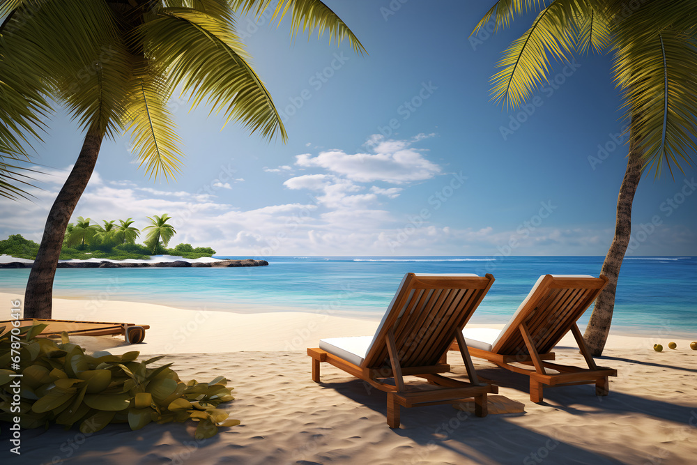 Zwei Liegestühle an karibischem Sandstrand mit weißem Sand, türkisblauem Meer und Palmen, Urlaub und Erholung im Paradies, erstellt mit generativer KI