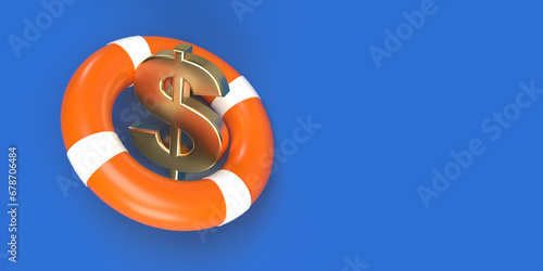 3D rendered gold color us dollar currency symbol in the lifebuoy. Financial situation and savings concept. Large copy space with blue background.