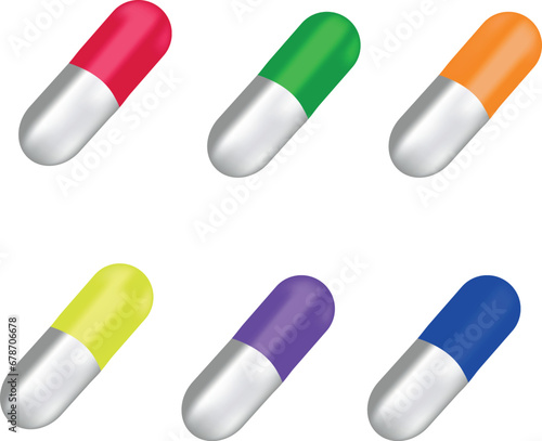 Set of different color pills on transparent background