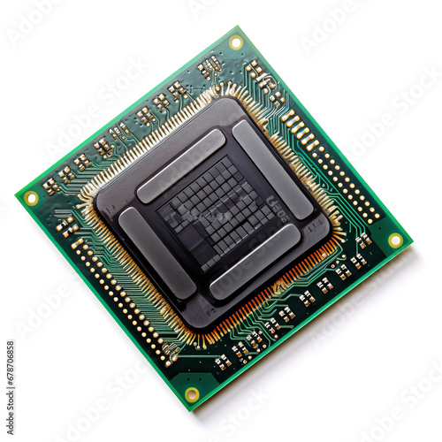 Macro shot of hypermodern computer processing chip on circuit board, isolated on white background