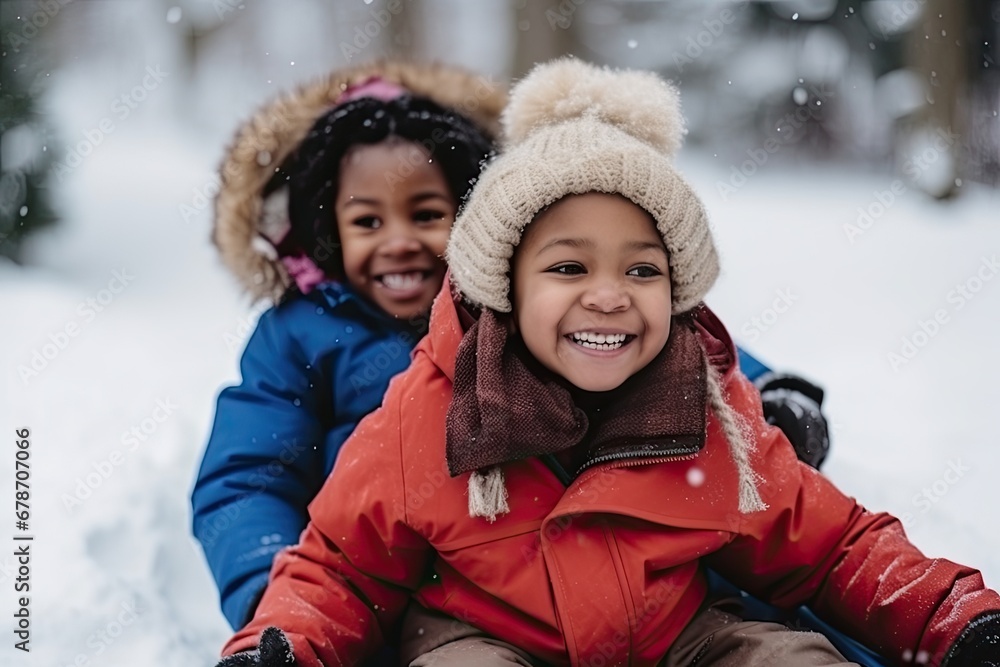 Young friends enjoying a snowy winter day and playing together outdoors. Young friends enjoying a snowy winter day and playing together outdoors.