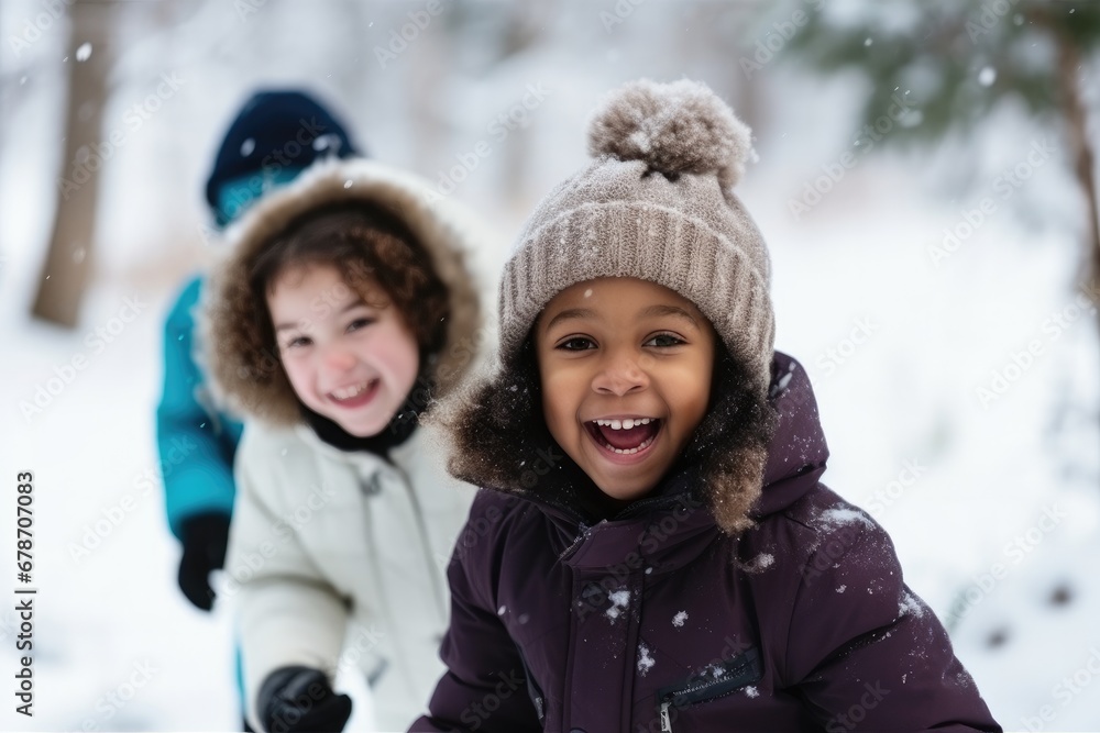 Cheerful children enjoy winter together, playing in the snow with joy.