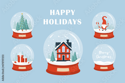 Glass snow globe collection. Set of christmas decorative balls with winter landscapes. Holiday snowballs with snowflakes isolated on blue background. Vector illustration in flat cartoon style.