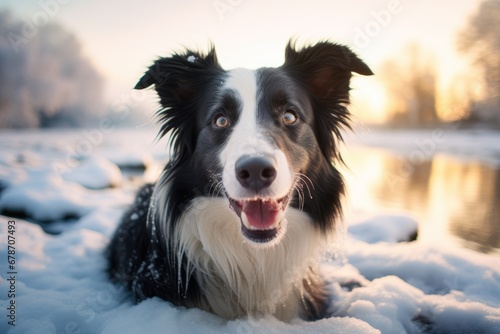 dog play in snow by lake on winter landscape