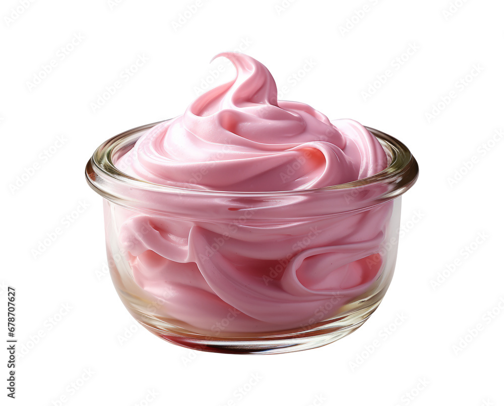 Creamy pink sour cream in glass bowl isolated on white background Creamy pink sour cream in glass bowl isolated on white background