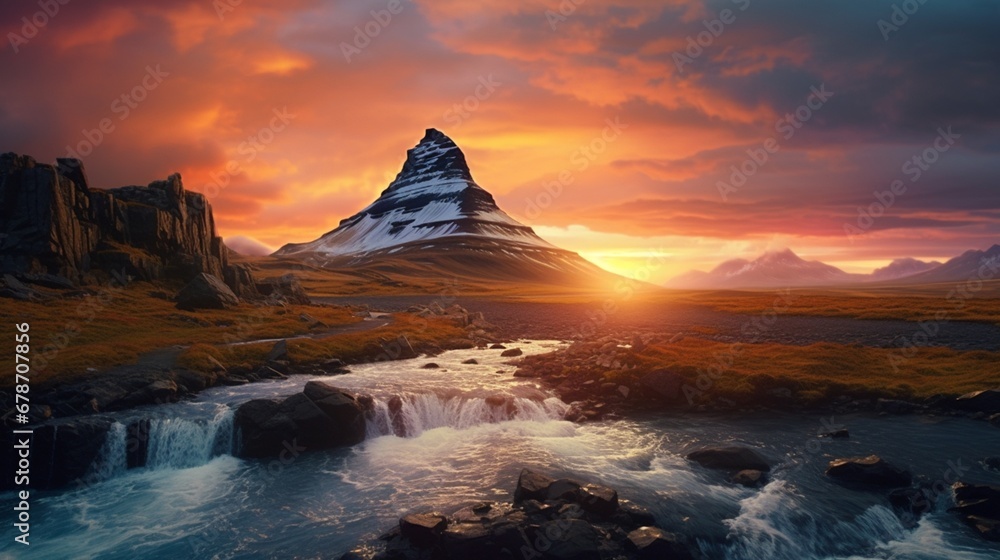 Amazing Icelandic natural landscape. Wonderfully scenic sunset above the majestic Kirkjufell (Church mountain) and cascades. Iceland's Kirkjufell mountain. Well-known places for travel