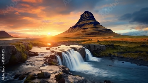 Amazing Icelandic natural landscape. Wonderfully scenic sunset above the majestic Kirkjufell (Church mountain) and cascades. Iceland's Kirkjufell mountain. Well-known places for travel © juni studio