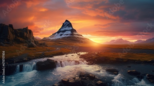 Amazing Icelandic natural landscape. Wonderfully scenic sunset above the majestic Kirkjufell (Church mountain) and cascades. Iceland's Kirkjufell mountain. Well-known places for travel
