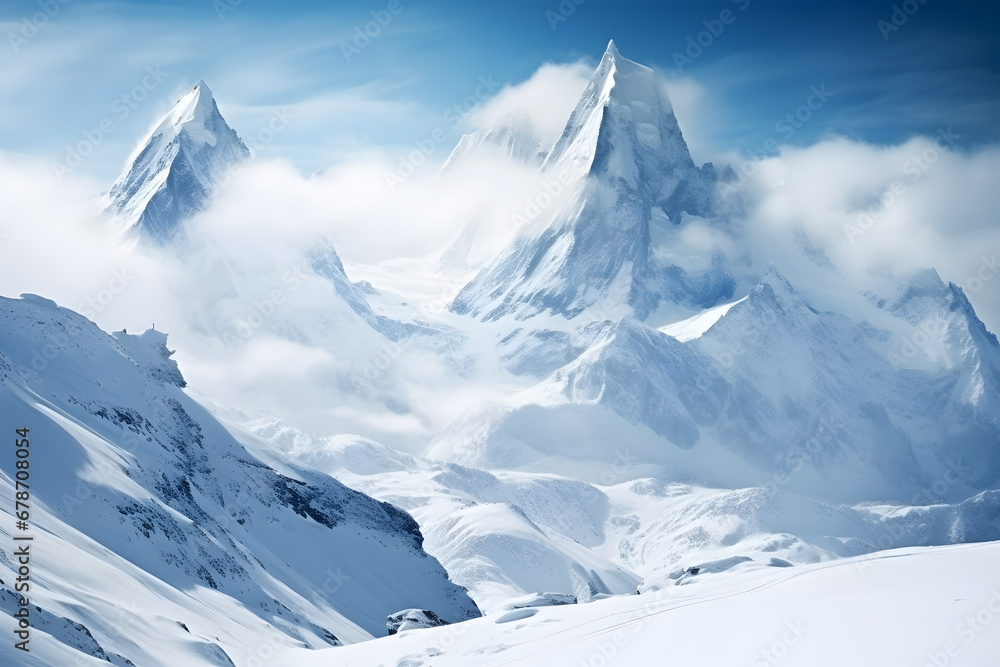 Sharp mountain cliffs covered with snow with clouds around ai generated art. - obrazy, fototapety, plakaty 