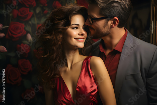 Portrait of a woman with red dres and a man with red shirt ai generated art. 