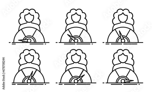 Set of simple icons with woman and meter. The concept of measuring stress, pressure, productivity, success and more