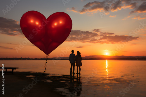 Couple on the beach at sunset with big baloon in shape of the heart next to them ai generated art. 