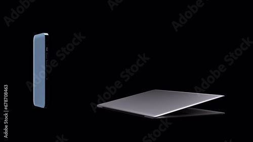 Realistic laptop and smartphone with empty screen animation on transparent background. Alpha channel template.