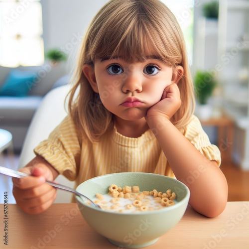 Little girl eating breakfast  looking bored