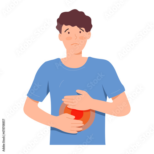 Vector illustration male character holding his stomach in pain, bowel gastrointestinal danger sign. Young man sick with intestines Suspect bloating and indigestion.  photo