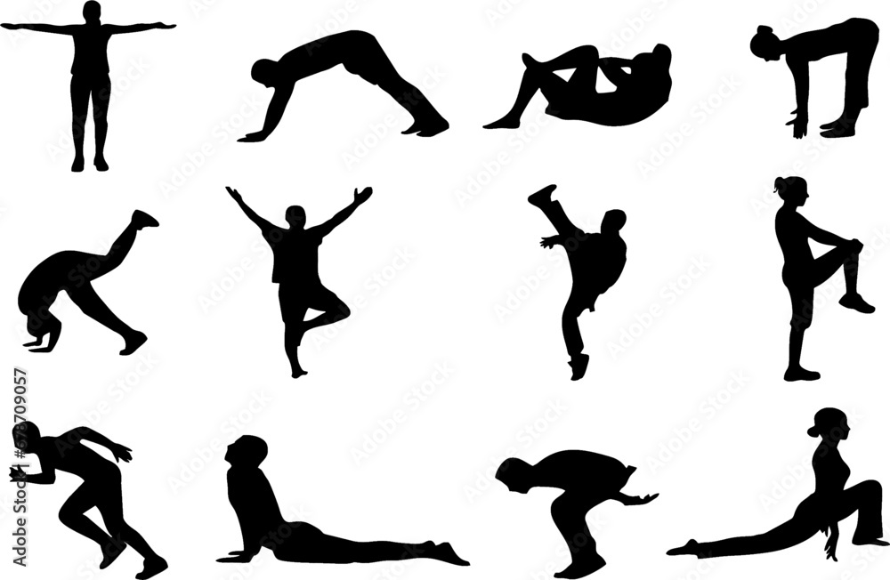 Yoga positions set. Silhouettes of slim girl practicing yoga stretching exercises. Shapes of woman doing yoga fitness workout. Easy to change color or manipulate. eps 10.