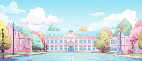 Hand drawn school building cartoon on pastel color background. AI generated photo