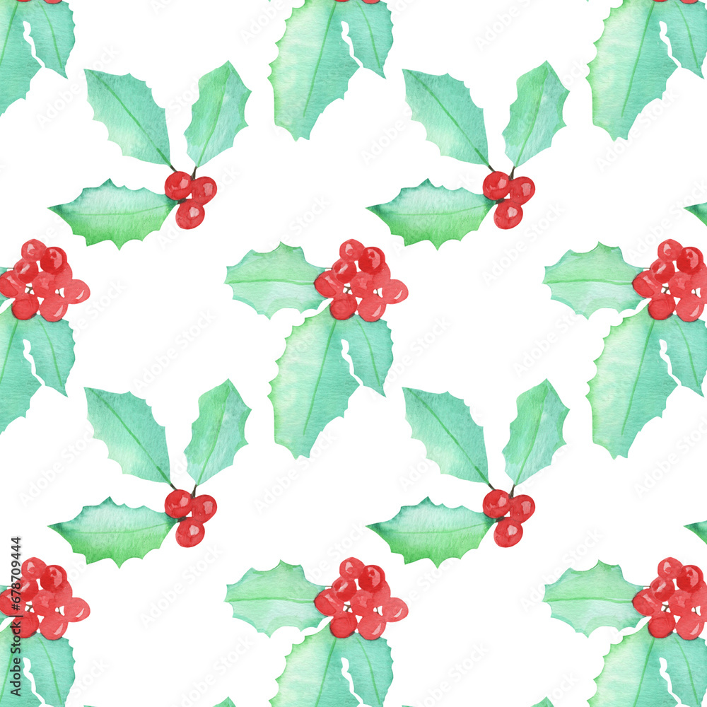 Beautiful seamless pattern in watercolor style (paper, paint, brush) - branches with rowan berries on a white background - winter concept, christmas Beautiful seamless pattern in watercolor style (paper, paint, brush) - branches with rowan berries on a white background - winter concept, christmas